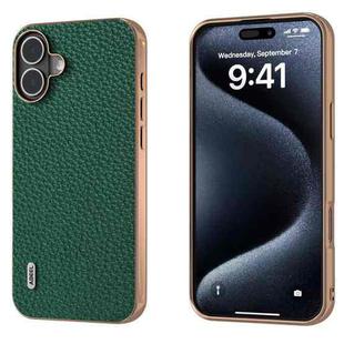 For iPhone 16 ABEEL Electroplating Frame Genuine Leather Litchi Texture Phone Case(Green)