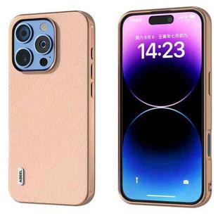 For iPhone 16 Pro Max ABEEL Electroplating Frame Genuine Leather + PC Litchi Texture Phone Case(Pink Gold)