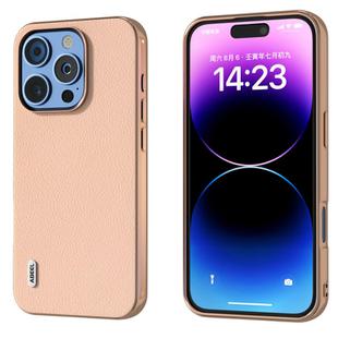 For iPhone 16 Pro ABEEL Electroplating Frame Genuine Leather + PC Litchi Texture Phone Case(Pink Gold)