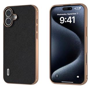 For iPhone 16 Plus ABEEL Electroplating Frame Genuine Leather + PC Litchi Texture Phone Case(Black)