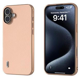 For iPhone 16 Plus ABEEL Electroplating Frame Genuine Leather + PC Litchi Texture Phone Case(Pink Gold)