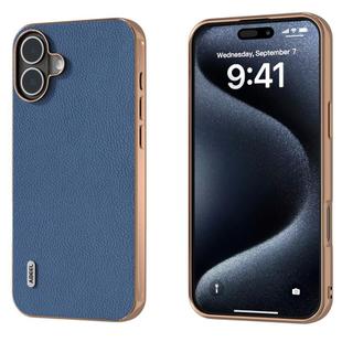 For iPhone 16 Plus ABEEL Electroplating Frame Genuine Leather + PC Litchi Texture Phone Case(Blue)