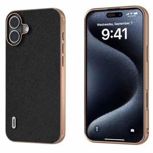 For iPhone 16 ABEEL Electroplating Frame Genuine Leather + PC Litchi Texture Phone Case(Black)