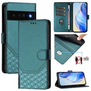 For Google Pixel 6 Pro Honeycomb Embossing RFID Leather Phone Case(Peacock Green)