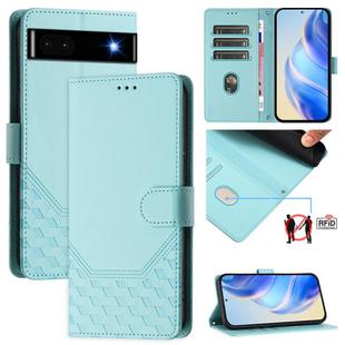 For Google Pixel 6a Honeycomb Embossing RFID Leather Phone Case(Mint Green)