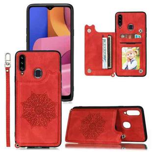 For Samsung Galaxy A20s Mandala Embossed PU + TPU Case with Holder & Card Slots & Photo Frame & Strap(Red)