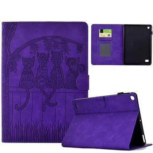 For Amazon Kindle Fire 7 2017 / 2019 Cats Embossed Leather Smart Tablet Case(Purple)