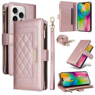 For iPhone 16 Pro Max Crossbody Zipper Wallet Rhombus Leather Phone Case(Rose Gold)