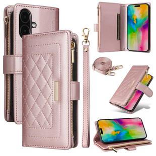 For iPhone 16 Plus Crossbody Zipper Wallet Rhombus Leather Phone Case(Rose Gold)