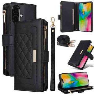 For iPhone 16 Plus Crossbody Zipper Wallet Rhombus Leather Phone Case(Black)