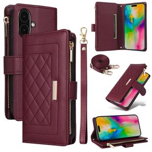 For iPhone 16 Plus Crossbody Zipper Wallet Rhombus Leather Phone Case(Wine Red)