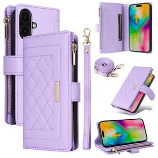 For iPhone 16 Crossbody Zipper Wallet Rhombus Leather Phone Case(Purple)