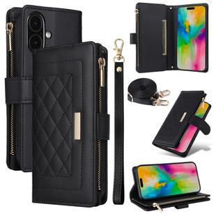 For iPhone 16 Crossbody Zipper Wallet Rhombus Leather Phone Case(Black)