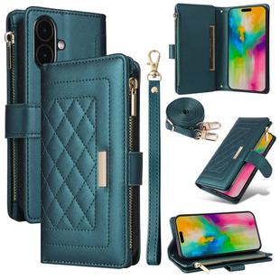 For iPhone 16 Crossbody Zipper Wallet Rhombus Leather Phone Case(Green)