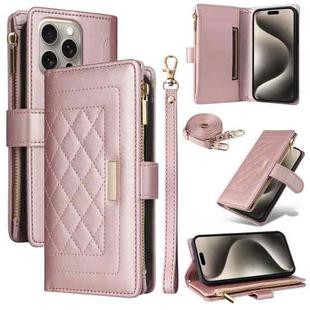 For iPhone 15 Pro Max Crossbody Zipper Wallet Rhombus Leather Phone Case(Rose Gold)