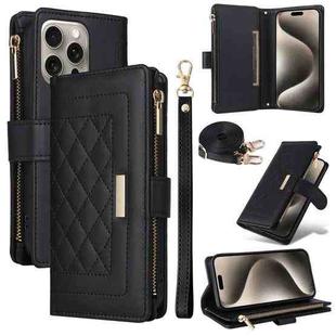 For iPhone 15 Pro Max Crossbody Zipper Wallet Rhombus Leather Phone Case(Black)