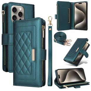 For iPhone 15 Pro Max Crossbody Zipper Wallet Rhombus Leather Phone Case(Green)