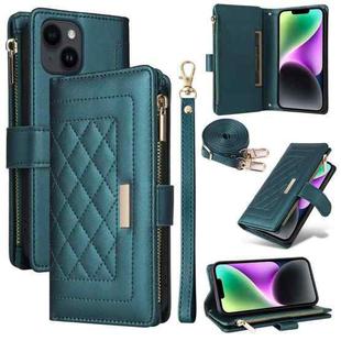 For iPhone 15 Plus / 14 Plus Crossbody Zipper Wallet Rhombus Leather Phone Case(Green)