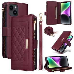 For iPhone 15 Plus / 14 Plus Crossbody Zipper Wallet Rhombus Leather Phone Case(Wine Red)