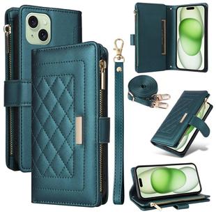 For iPhone 15 Crossbody Zipper Wallet Rhombus Leather Phone Case(Green)