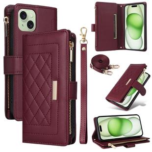 For iPhone 15 Crossbody Zipper Wallet Rhombus Leather Phone Case(Wine Red)