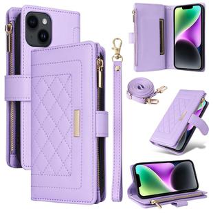 For iPhone 14 / 13 Crossbody Zipper Wallet Rhombus Leather Phone Case(Purple)