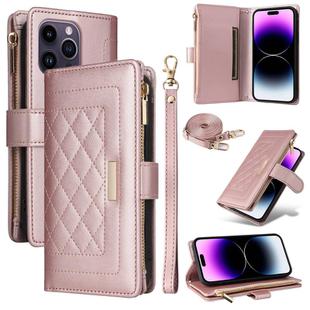 For iPhone 14 Pro Crossbody Zipper Wallet Rhombus Leather Phone Case(Rose Gold)