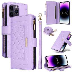 For iPhone 14 Pro Crossbody Zipper Wallet Rhombus Leather Phone Case(Purple)