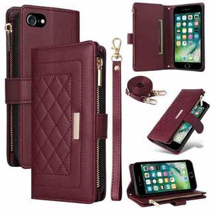 For iPhone 7 / 8 / SE 2022 Crossbody Zipper Wallet Rhombus Leather Phone Case(Wine Red)