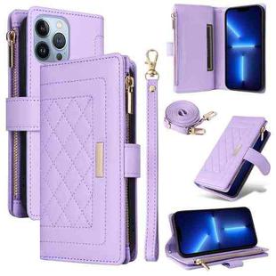 For iPhone 13 Pro Max Crossbody Zipper Wallet Rhombus Leather Phone Case(Purple)