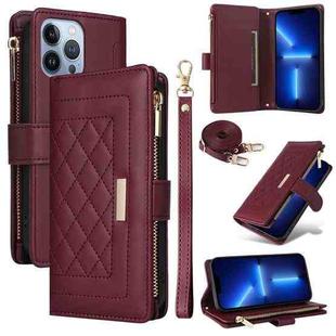 For iPhone 13 Pro Crossbody Zipper Wallet Rhombus Leather Phone Case(Wine Red)