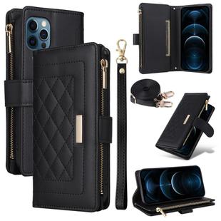 For iPhone 12 / 12 Pro Crossbody Zipper Wallet Rhombus Leather Phone Case(Black)