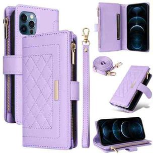 For iPhone 12 Pro Max Crossbody Zipper Wallet Rhombus Leather Phone Case(Purple)