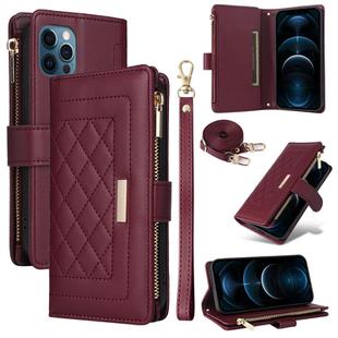 For iPhone 12 Pro Max Crossbody Zipper Wallet Rhombus Leather Phone Case(Wine Red)