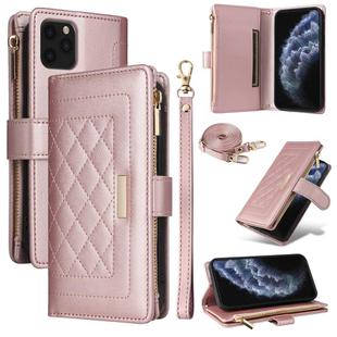 For iPhone 11 Pro Max Crossbody Zipper Wallet Rhombus Leather Phone Case(Rose Gold)