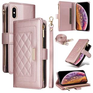 For iPhone X / XS Crossbody Zipper Wallet Rhombus Leather Phone Case(Rose Gold)