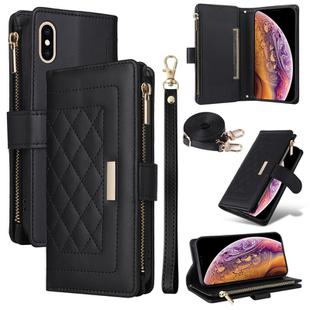 For iPhone X / XS Crossbody Zipper Wallet Rhombus Leather Phone Case(Black)