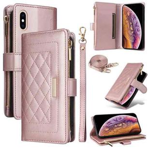 For iPhone XS Max Crossbody Zipper Wallet Rhombus Leather Phone Case(Rose Gold)