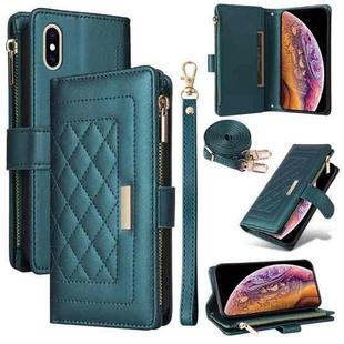 For iPhone XS Max Crossbody Zipper Wallet Rhombus Leather Phone Case(Green)