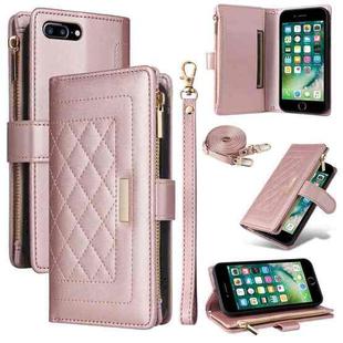 For iPhone 7 Plus / 8 Plus Crossbody Zipper Wallet Rhombus Leather Phone Case(Rose Gold)