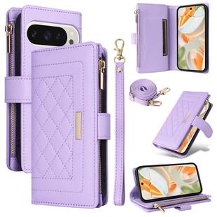 For Google Pixel 9 / 9 Pro Crossbody Zipper Wallet Rhombus Leather Phone Case(Purple)