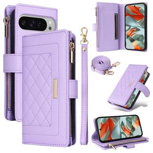 For Google Pixel 9 Pro XL Crossbody Zipper Wallet Rhombus Leather Phone Case(Purple)