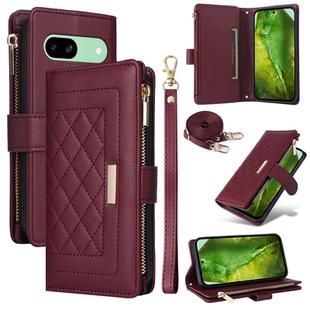 For Google Pixel 8a Crossbody Zipper Wallet Rhombus Leather Phone Case(Wine Red)