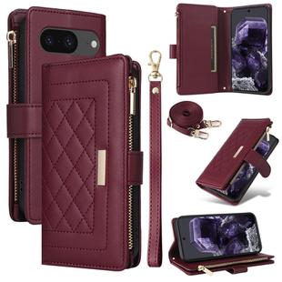 For Google Pixel 8 Crossbody Zipper Wallet Rhombus Leather Phone Case(Wine Red)