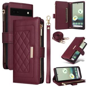 For Google Pixel 6a Crossbody Zipper Wallet Rhombus Leather Phone Case(Wine Red)