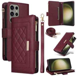 For Samsung Galaxy S23 Ultra 5G Crossbody Zipper Wallet Rhombus Leather Phone Case(Wine Red)