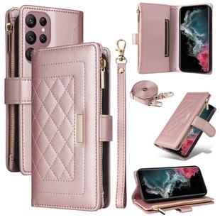 For Samsung Galaxy S22 Ultra 5G Crossbody Zipper Wallet Rhombus Leather Phone Case(Rose Gold)