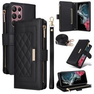 For Samsung Galaxy S22 Ultra 5G Crossbody Zipper Wallet Rhombus Leather Phone Case(Black)