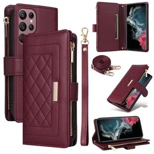 For Samsung Galaxy S22 Ultra 5G Crossbody Zipper Wallet Rhombus Leather Phone Case(Wine Red)