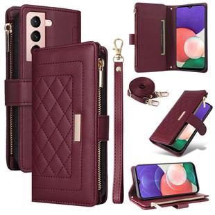 For Samsung Galaxy S22 5G Crossbody Zipper Wallet Rhombus Leather Phone Case(Wine Red)